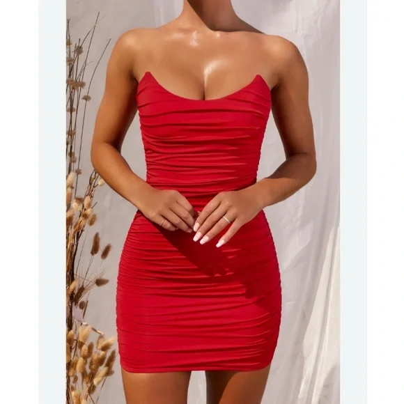 strapless open back dress Violetta Tie Up Back Mini Dress in Red